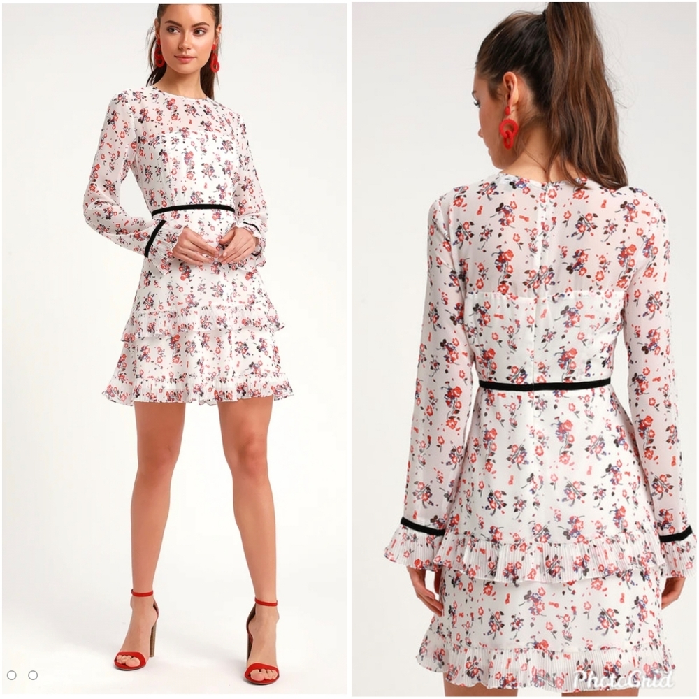 Lulus Floral to See White Floral Print Long Sleeve Mini Dress